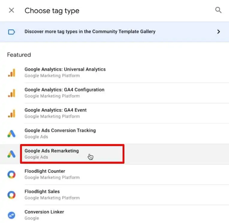 Création d’un nouveau tag avec le type de remarketing Google-Ads dans Google-Tag-Manager
