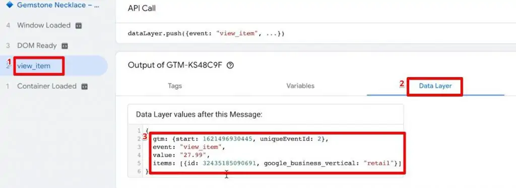 Vérification des informations de la couche de données pour l’affichage d’un événement dans Google-Tag-Manager pour le remarketing dynamique-1024×373