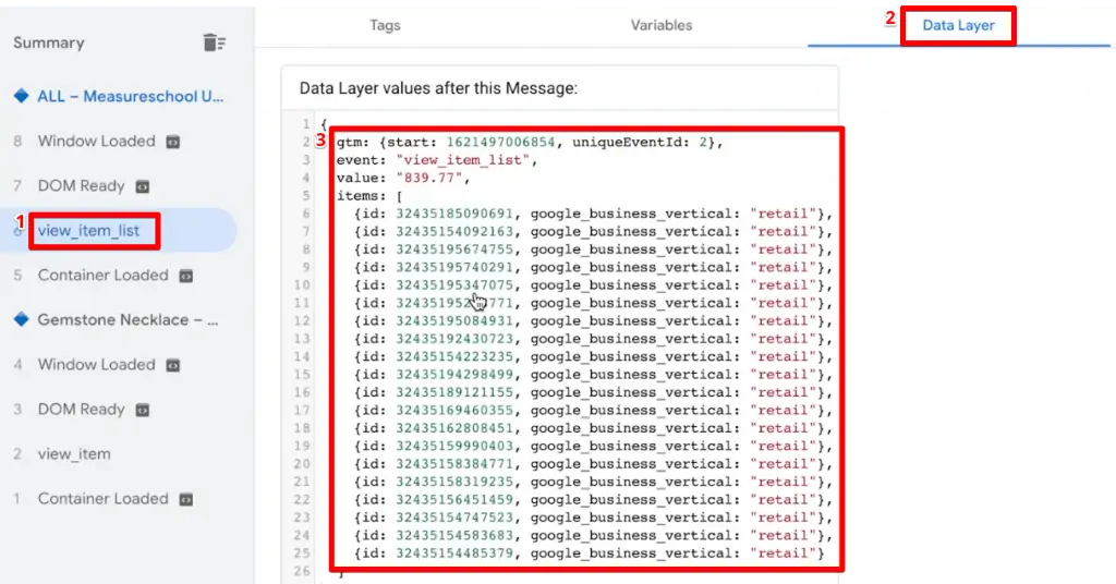 Vérification des informations de la couche de données pour l’affichage d’un événement de liste d’éléments avec plusieurs produits dans Google-Tag-Manager-1-1024×536